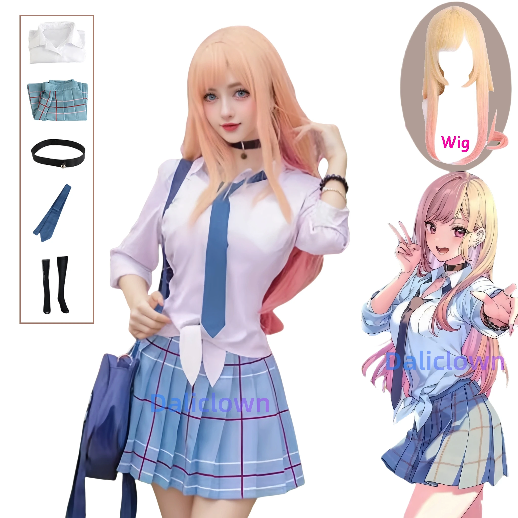 Kitagawa Marin Cosplay Anime My Dress Up Darling Kitagawa Marin Cosplay disfraz vestido uniforme escolar traje con peluca de talla grande para mujer