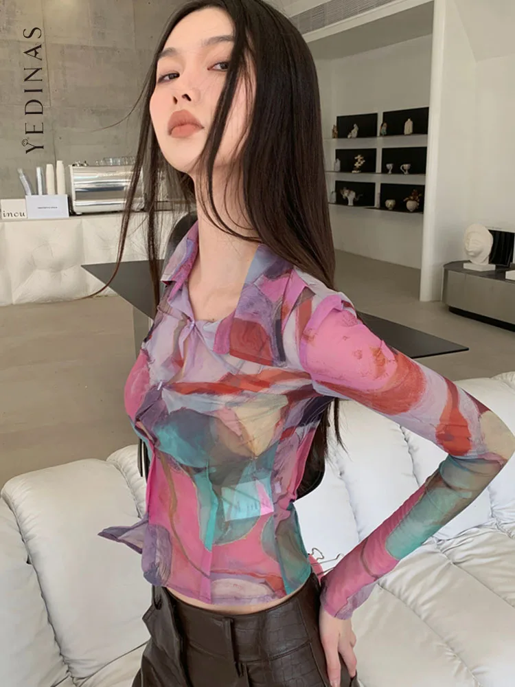 Yedinas Print Shirt Women Long Sleeve Crop Top See Through Button Up Blouse Women Thin Mesh Tops Spring Summer Y2k Shirts 2023