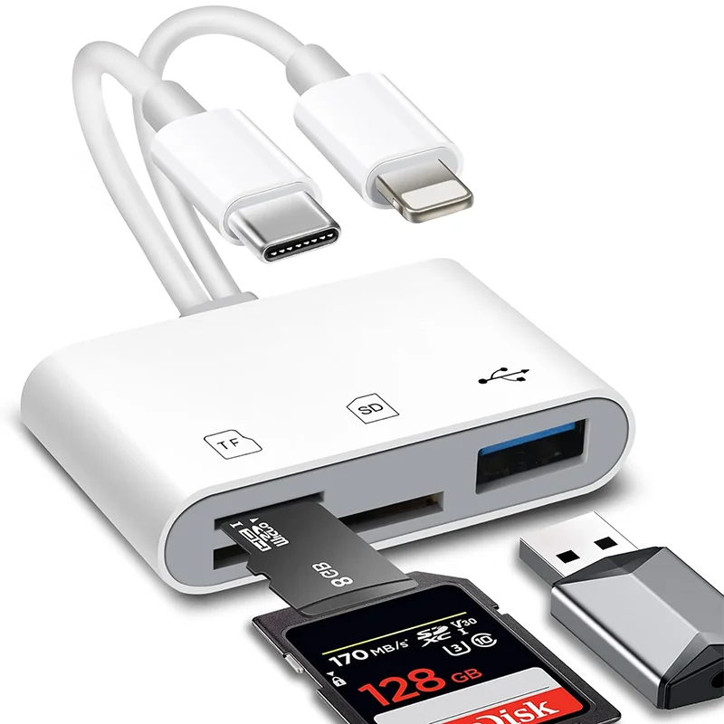 

3-IN-1 SD Card Reader for iPhone/iPad and Android, Memory Card Reader Built-in iOS & USB C Dual Port Connector, SD Card Adapter