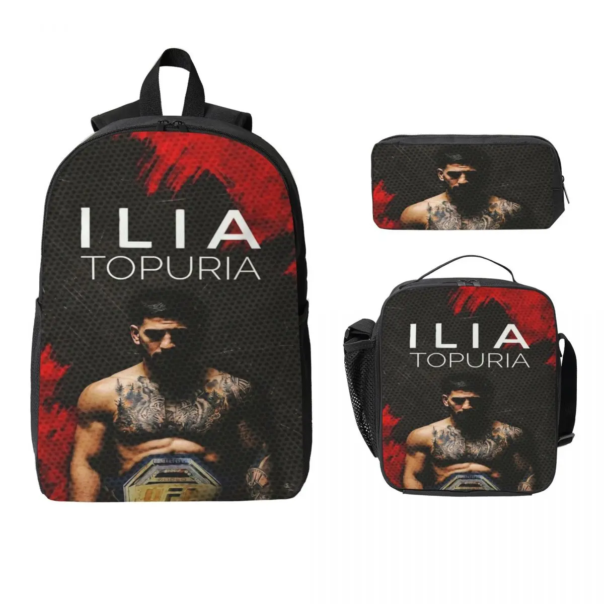3Pcs Ilia Topuria Wrestling Wrestler Backpack Set for Children Pencil Boxes Bookbag Sets with Lunch Box For School Knapsack