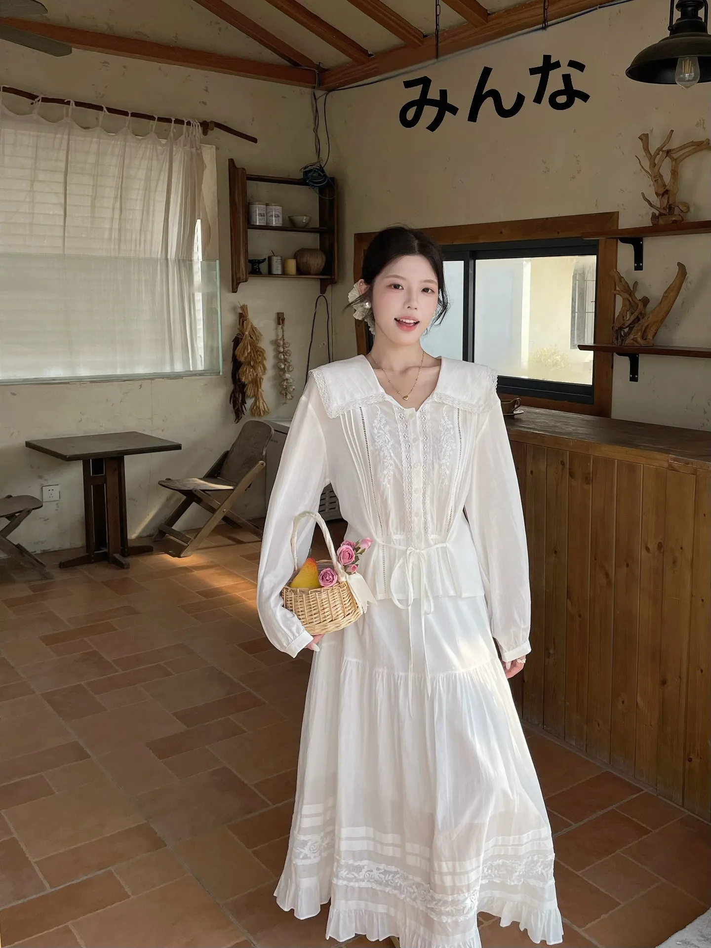 

MOBAI Daylight Letter Embroidered Lace Trim Shirt Women's Loose Long Sleeve Top with Tie French Style Straight Cut Polyester