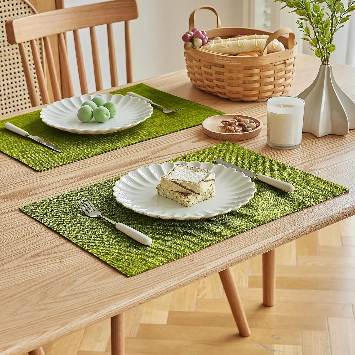 Faux Linen Placemats Set of 12 - 12x18 Inch Heat Resistant Double Layered Durable Farmhouse Non-Slip Washable Rustic Table Mats (Lime Green)