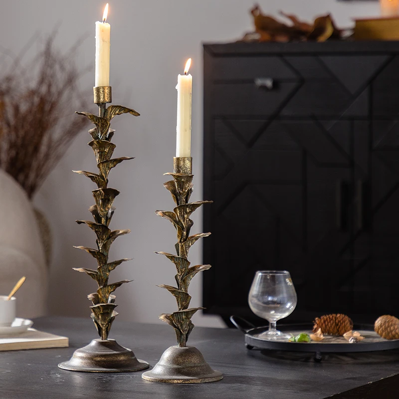 Hand-Forged Iron Leaf Candle Holder, Vintage Gold, Taper Candle Stand, Botanical Art Decor, Centerpiece, Elegant Table Decor