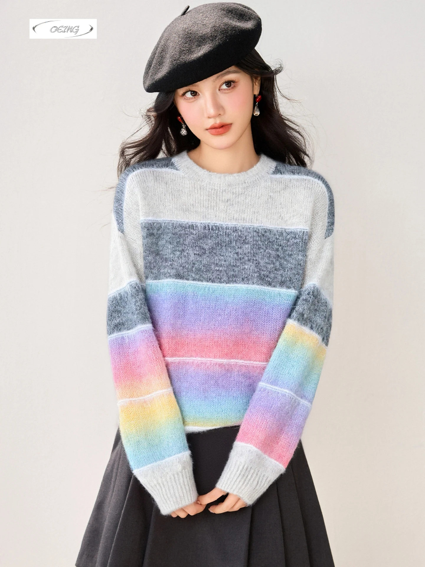 

Rainbow Stripes Long Sleeve O-neck Loose Sweet Knitted Pullover Sweater for Women Autumn Winter Korean Chic Tops Knitwear 9748
