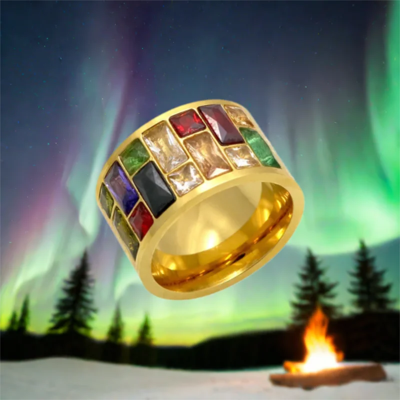 2025 Women's Crystal Ring Rainbow Color Stone Set on 316L Stainless Steel Fashion Wedding Band Jewelry