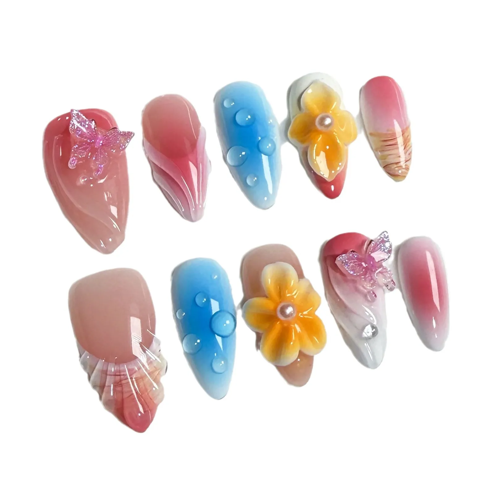 Imprensa de amêndoa artesanal em unhas 3d mão esculpida flor blush remendos de unhas falsas coreano bonito remendos de unhas falsas para menina wearable