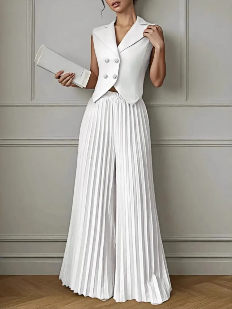 Female Solid Color Office Two-piece Set Spring Fashion Solid Cardigan Waistcoat Pleated Pants Suit Ladies Foreign Style Outfit