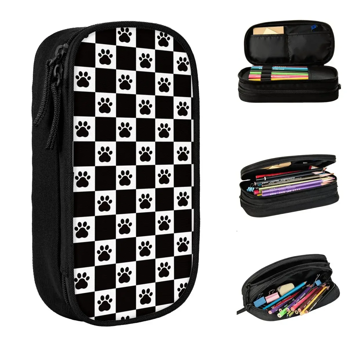 Paw Puppy Track Seamless Black And White Pencil Case Cute Cat and Dog Lovers Pen Bag Girl Boy  Students School Gifts Pencilcases