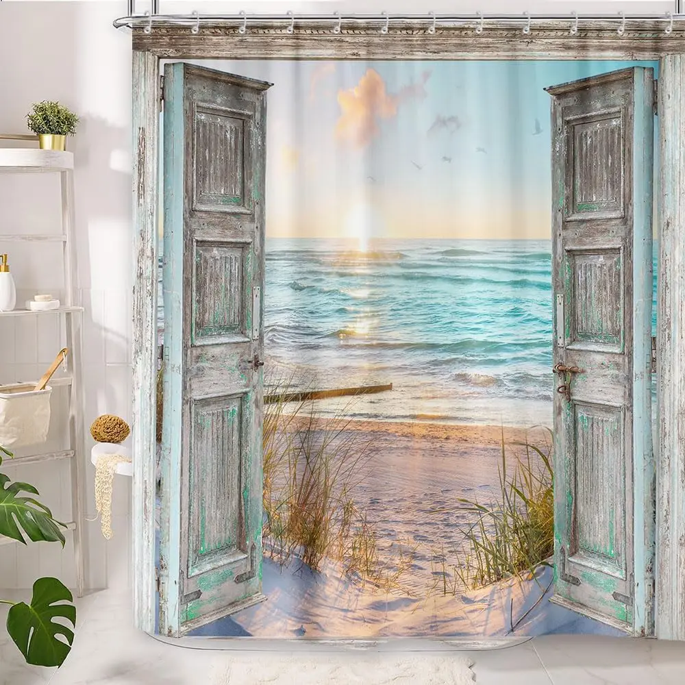 Boho Teal Coastal Sunrise Shower Curtain, Nautical Rustic Barn Door Seascape Waterproof Bathroom Curtain  With Hooks