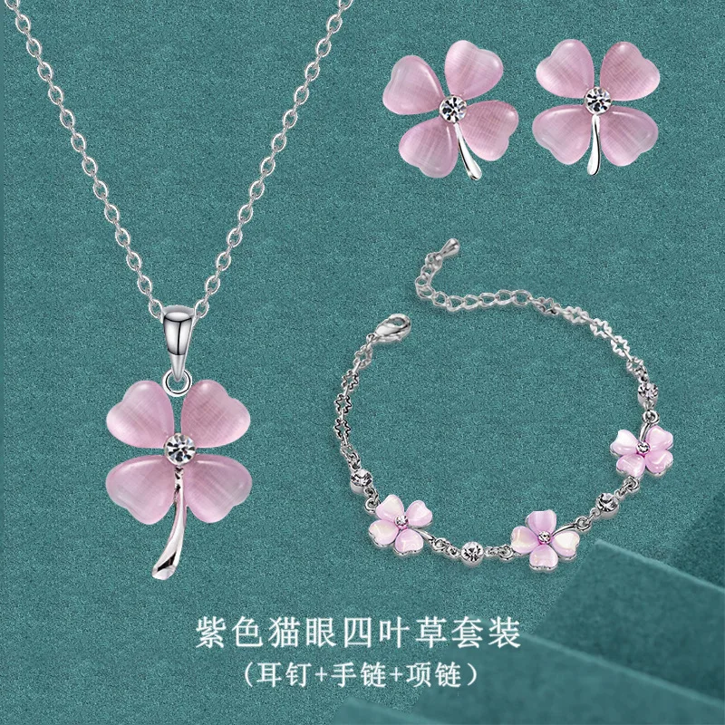 Korean Fashion Cat's Eye Stone Four-leaf Clover Earrings Bracelet Necklace Set Fashion Students Girlfriends Birthday Gift