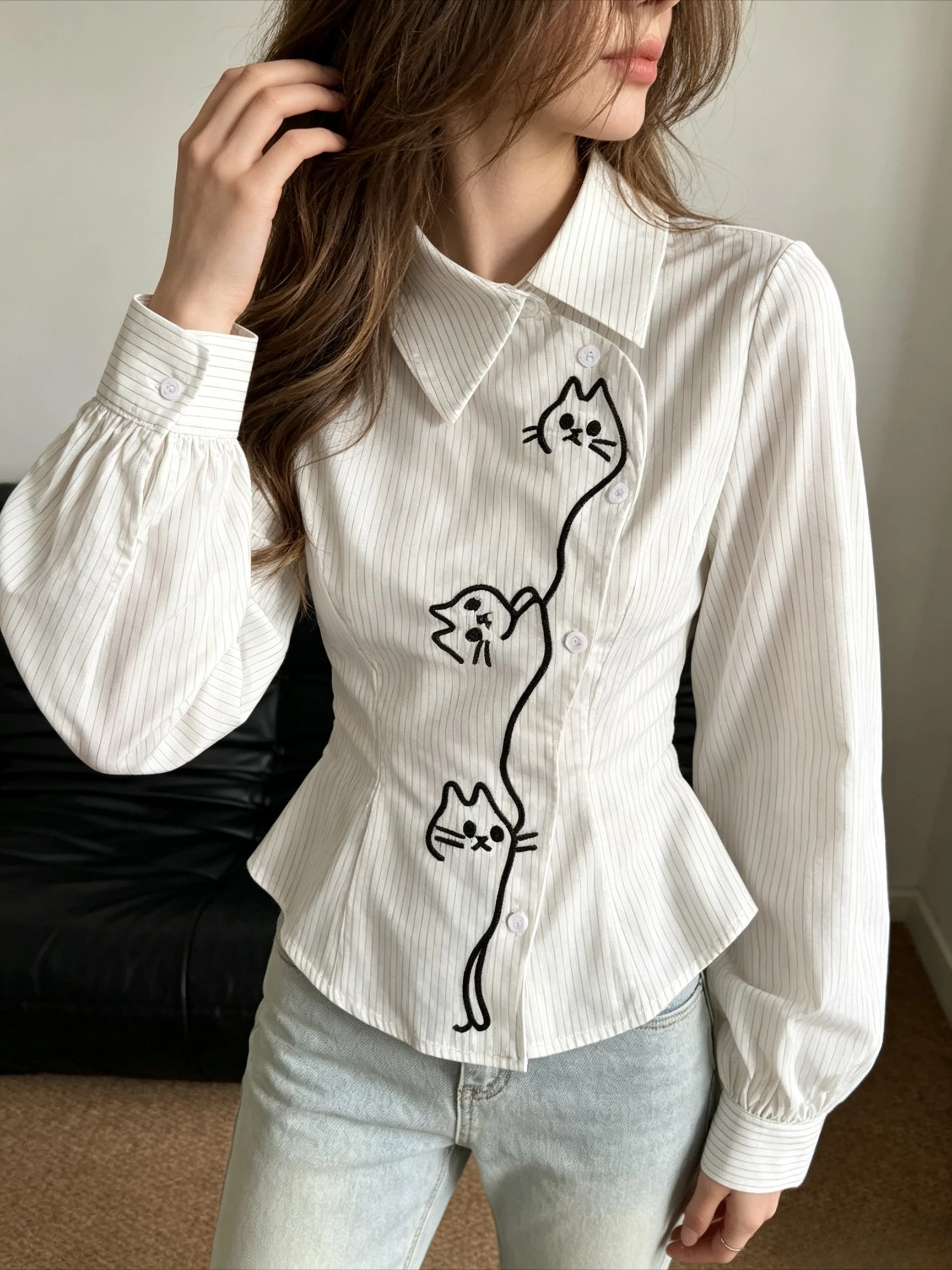 Sketch Cat Print Striped Blouse Turn Down Collar Asymmetrical Placket Peplum Hem Puff Cuff Slim Fit Casual Long Sleeve Top