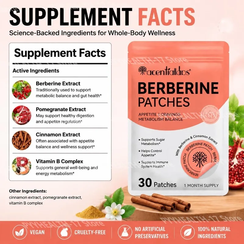 Berberine Patch with Vitamin B Complex for Immune Function Support Appetite Control Metabolism Balance for Men Women 30 Patches