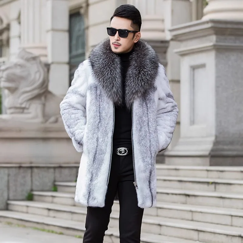 Men's mid-length mink coat Fox fur Collar Jacket Mink fur casual zipper jacket