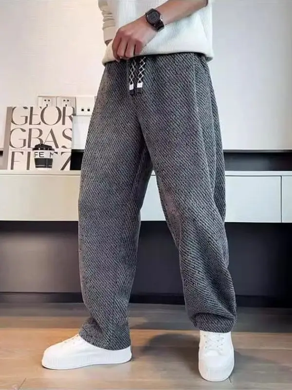 بنطلون رجالي على الطراز الأمريكي سميك للخريف والشتاء، بنطلون رياضي كاجوال مستقيم الساق مخطط للشباب