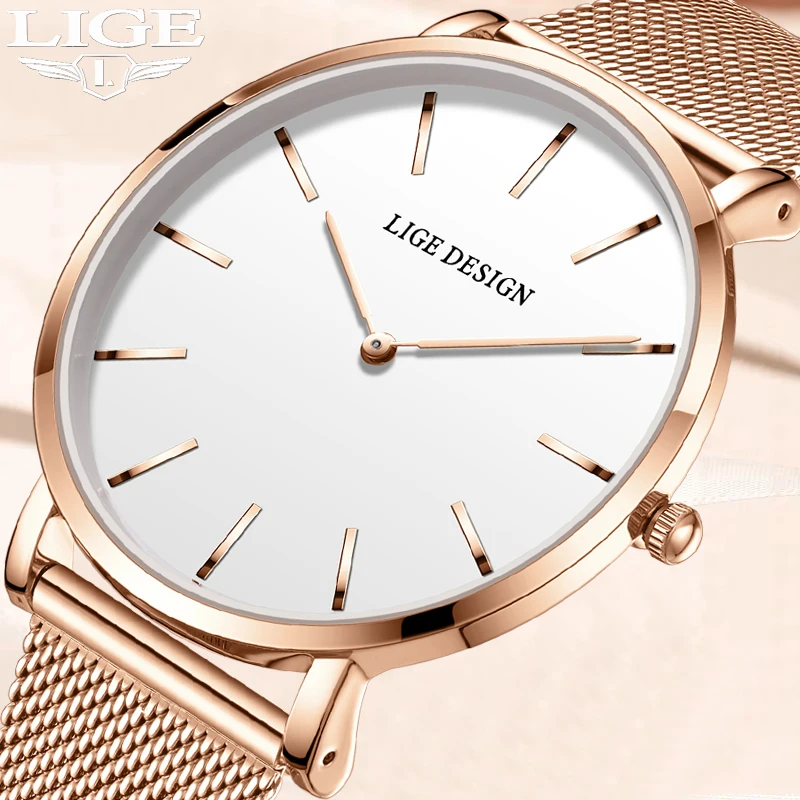 

LIGE Ladies Watch Fashion Rose Gold Ultra-Thin Quartz Watches For Women Elegant Women's Bracelet Wristwatch Clock Montre Femme
