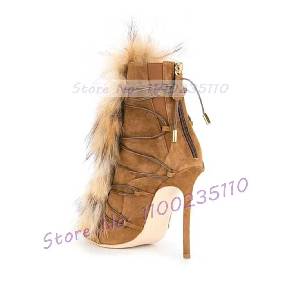 Brown Real Fur Stiletto Ankle Boots Women Trends Outfit Cross Tied Winter Snow Shoes Female Haute Pointed Toe Back Zipper Boots