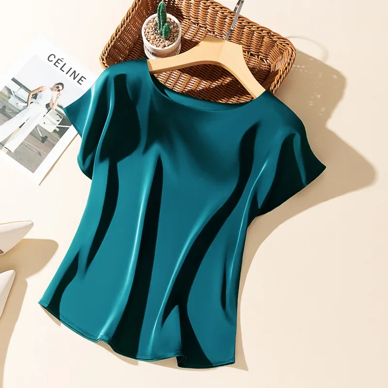 Big Size Summer New Silky Acetic Acid Satin T-shirt Round Neck Women Loose Top Lazy and Versatile Acetate Satin T-shirt