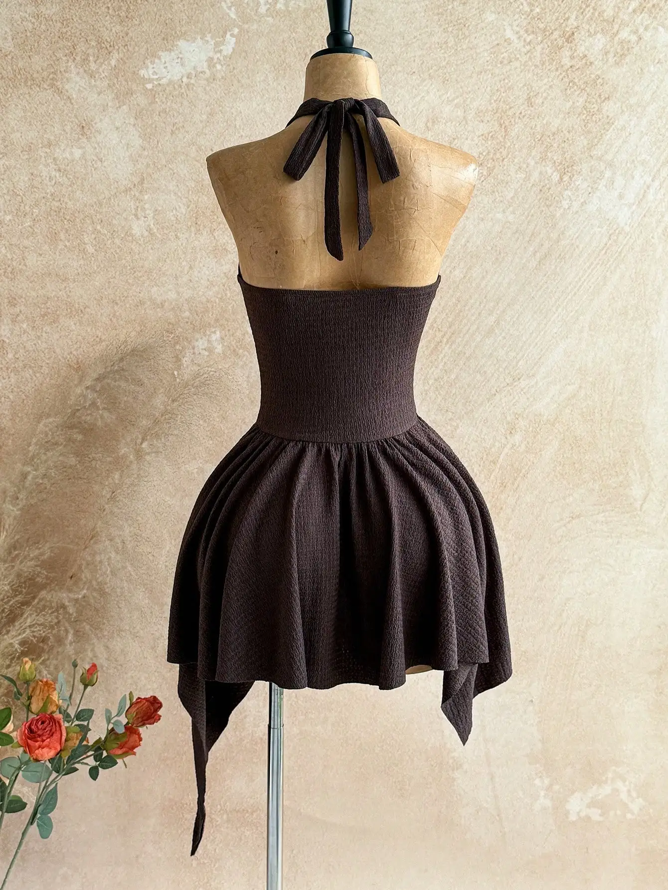 

Sexy Deep V Neck Tie Up Waist Wooden Bead Asymmetrical Hem Mini Dress