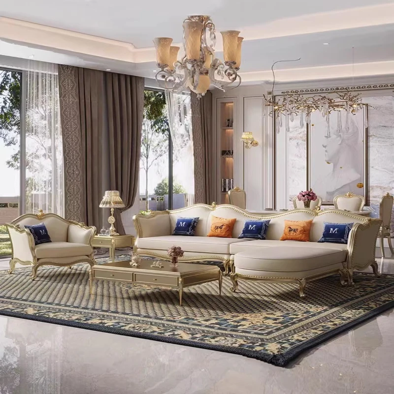 

American light luxury leather sofa combination living room size apartment country villa solid wood furniture