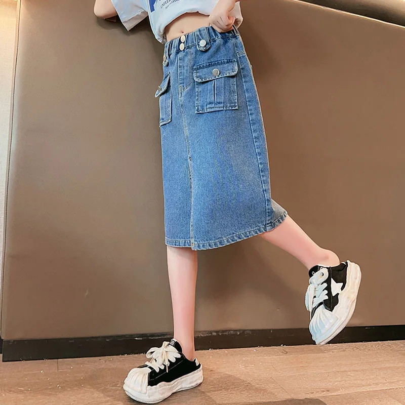 Children's Elastic Waist Knee-length Skirts With Hip , Summer Girl's Solid Color Split Skirt , Kid's Loose Fashion Clothes H7-32