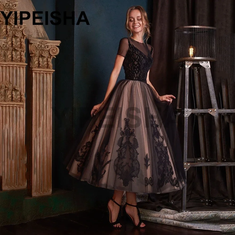 O-Neck Short Sleeve Lace Appliques A-Line Evening Dresses Tea-Length Formal Prom Party Gown vestidos de fiesta robes soirée