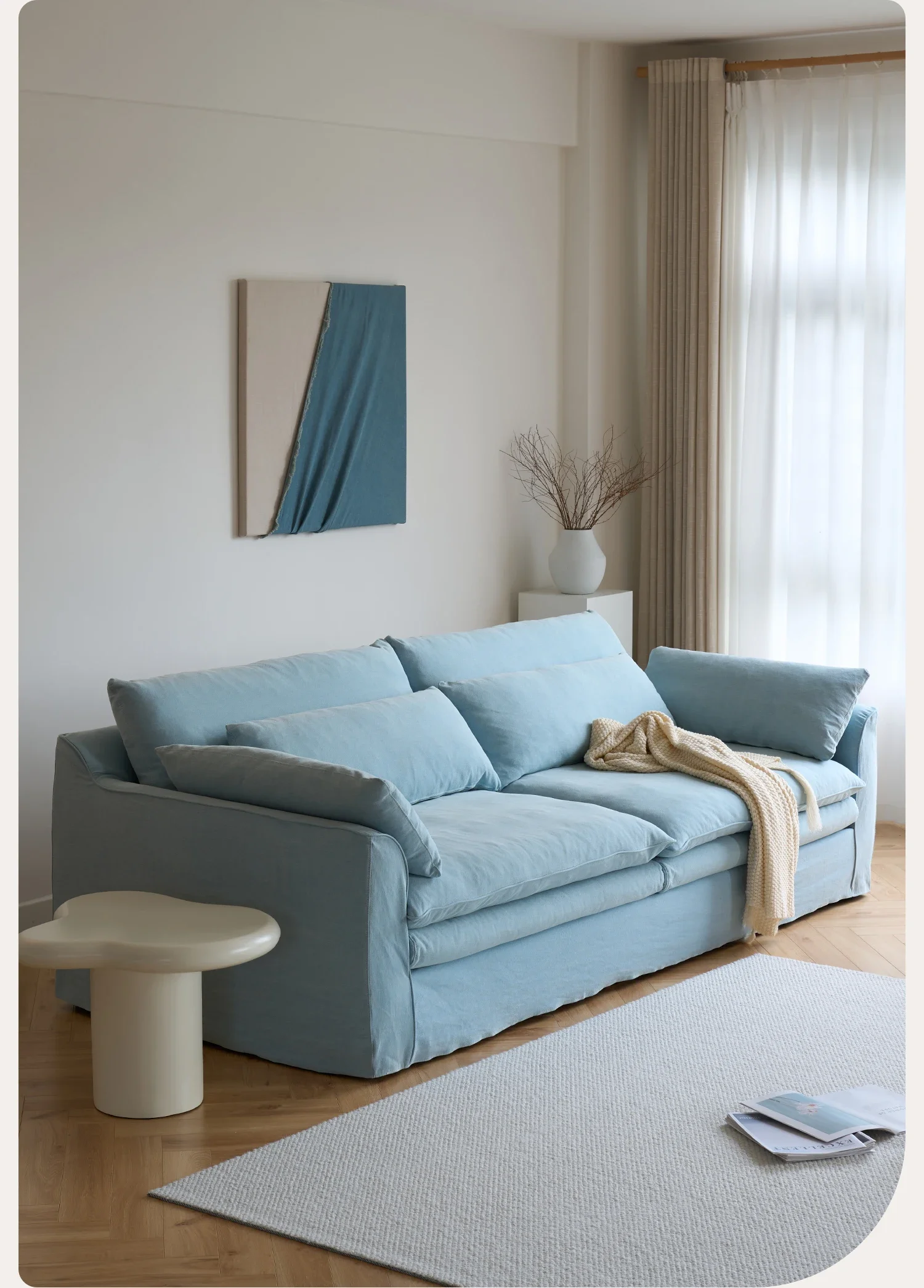 

Denim Wabi Sabi style fabric cotton and linen sofa with detachable and washable linen and cream style