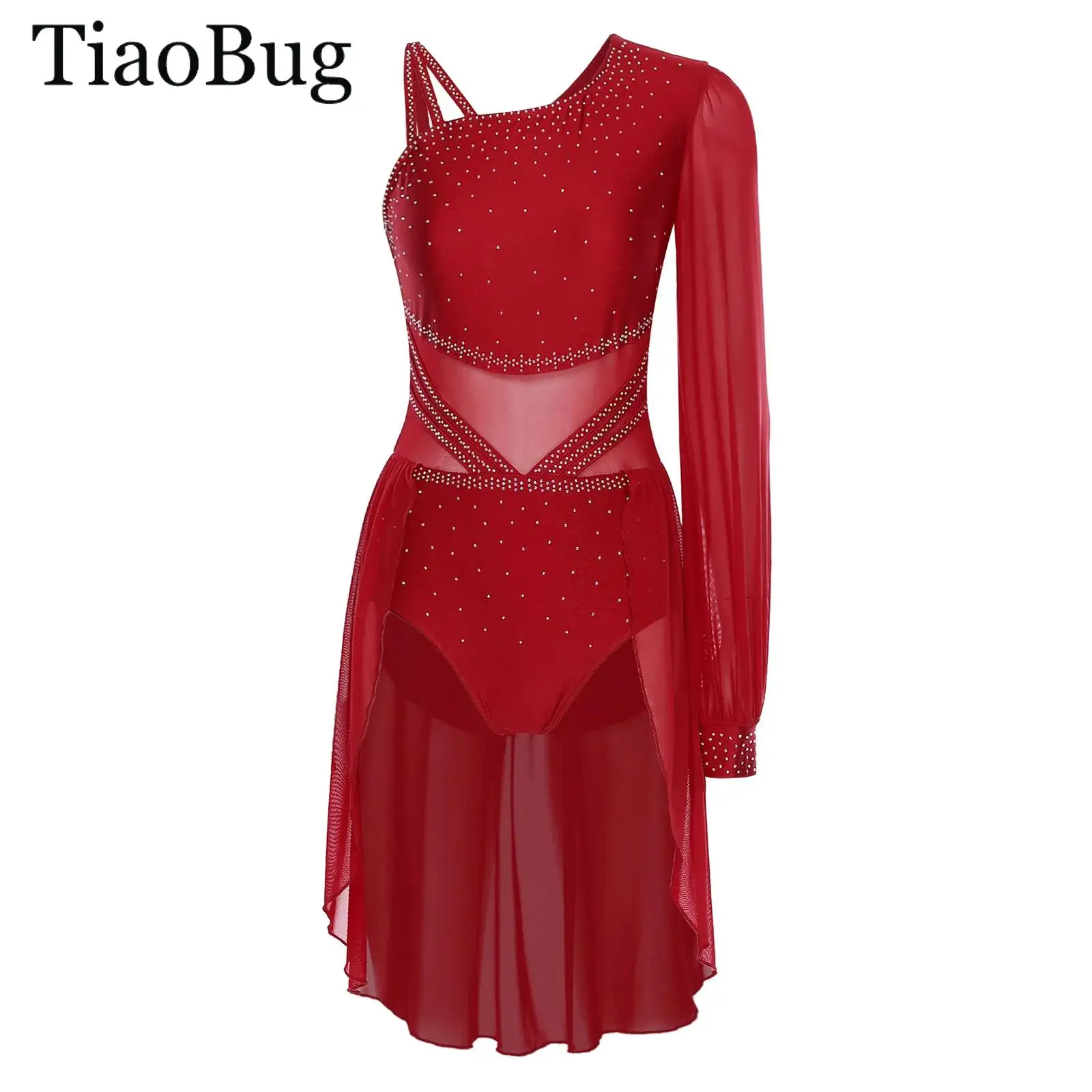 

Women Latin Dance Leotard Dress Lyrical Modern Dancewear One-shoulder Rhinestone Rhythm Gymnastics Skating Contemporary Dress