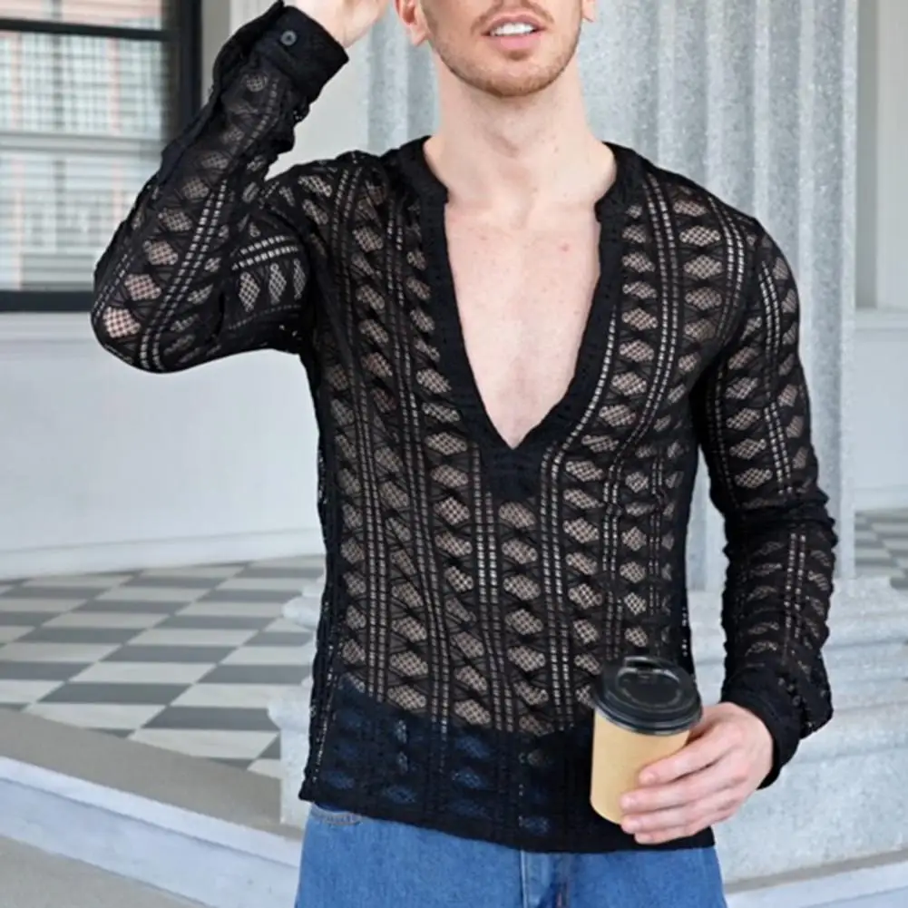 Perspective Men Shirt Deep V-neck Men Shirt Men's Hollow Out Fishnet Club Shirt Deep V Neck Long Sleeve Top for Nightclub Party