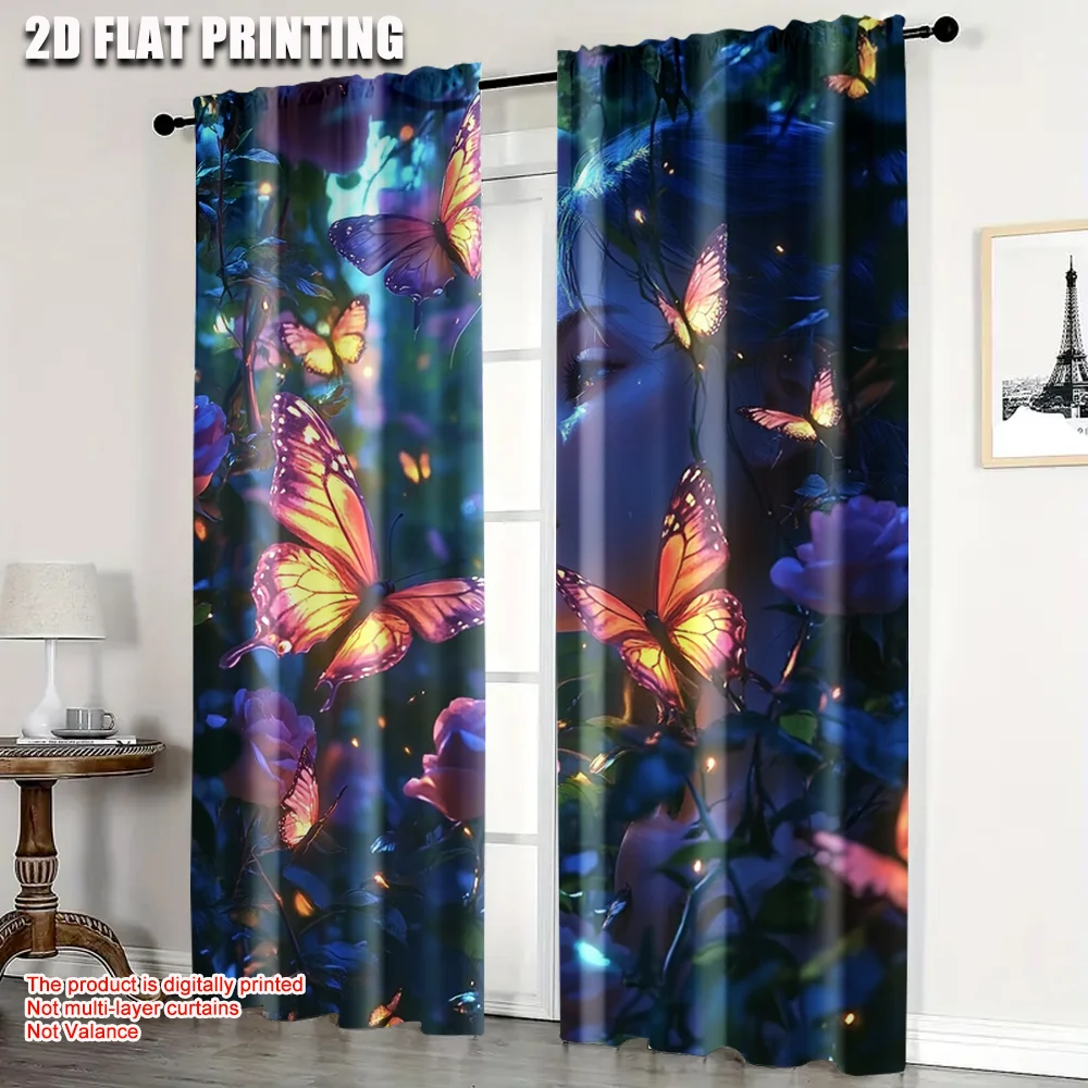 

2pc, Scene Curtain Purple flowers and butterflies Blackout Polyester Birthday Party Applies to Home Use Without Electricity