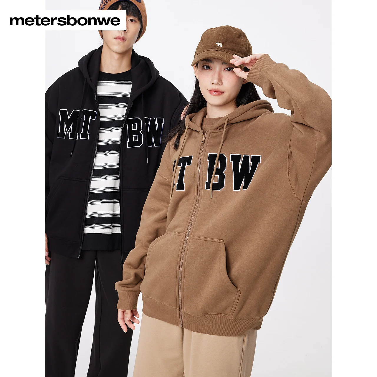 Metersbonwe-Men's And Women's Knit Cardigan Fleece-Lined Thick Loose Jackets  Letter Patch Designs  Campus Casual Couple Winter