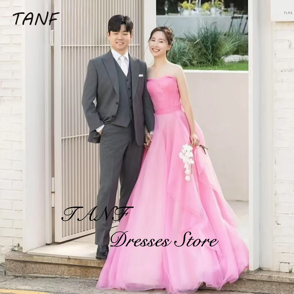 

TAFN Princess Korea Wedding Photo Shoot Dresses Pink Soft Tulle A-line Bridal Gown with Puff Sleeves Customized Gown for Bride