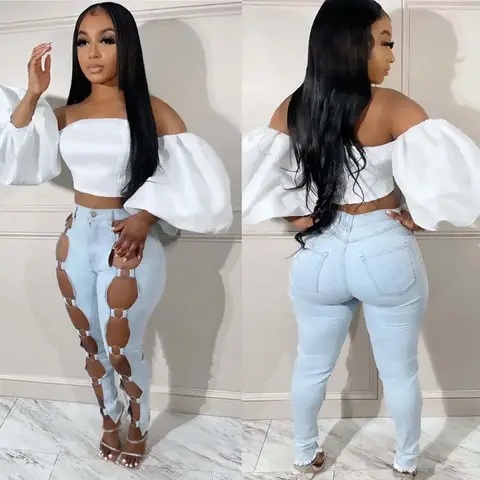 Sexiga bygelutskurna smala fötter mikroelastiska medelhöga jeans ljusblå pennbyxor enkla casual dambyxor jeans för kvinnor 10 best sales utskurna jeans - №8