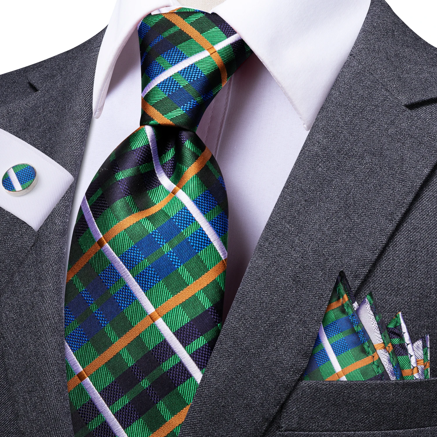 Tartan Plaid Woven Mens Tie Set 3PCS, Necktie Handkerchief Cufflinks For Casual Formal Events