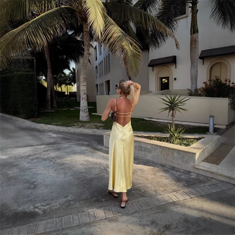 Oranje Satijn Lace Up Sling Lange Jurken Damesmode V-hals Backless Mouwloos Maxi Gewaad Zomer Vrouwelijke Avondfeest Club Jurk