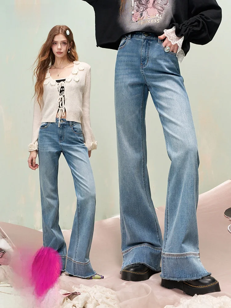 

High Waist Light Wa Denim Jeans Women's Early Spring Slimming Bell Bot Casual Sle Frayed Hem Wide Leg Pants