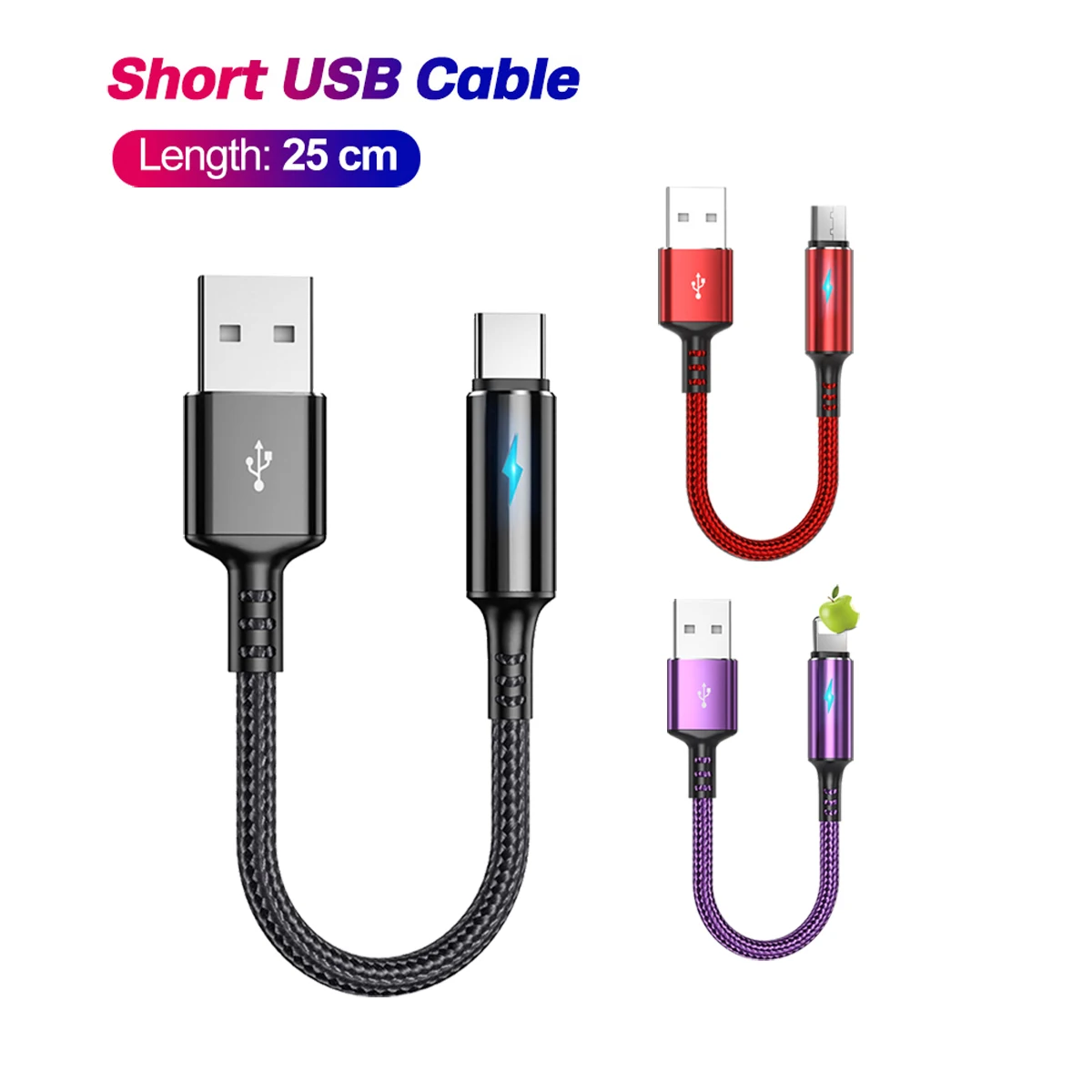 Cable de datos Micro USB tipo C para teléfono iOS y Android, cargador de nailon corto de 25cm, 2,4 a, carga rápida