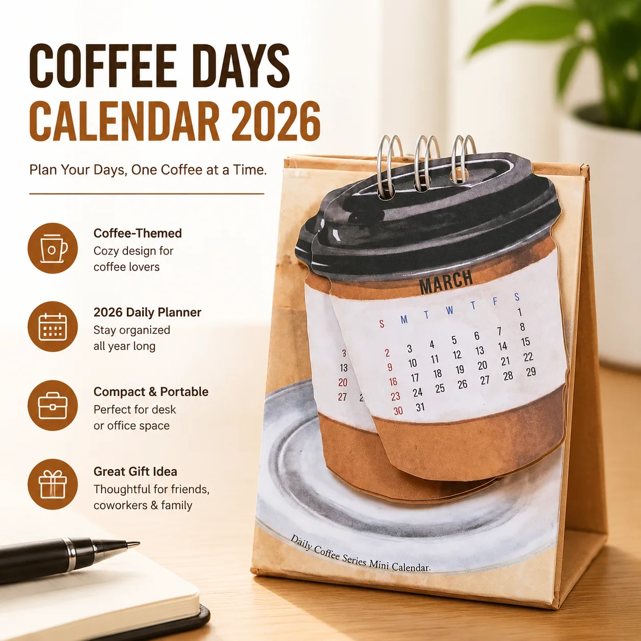 Mini Desktop Calendar 2026 Coffee Themed Daily Planner with One Coffee A Day Design Compact Desk Organizer for Office Workspace