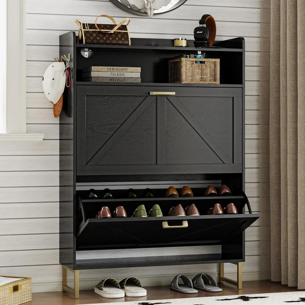 

Shoe Cabinet with 2 Flip Drawers Narrow Shoe Storage Cabinet Organizer Wooden Freestanding Rack Hidden Slim Storage for Entryway