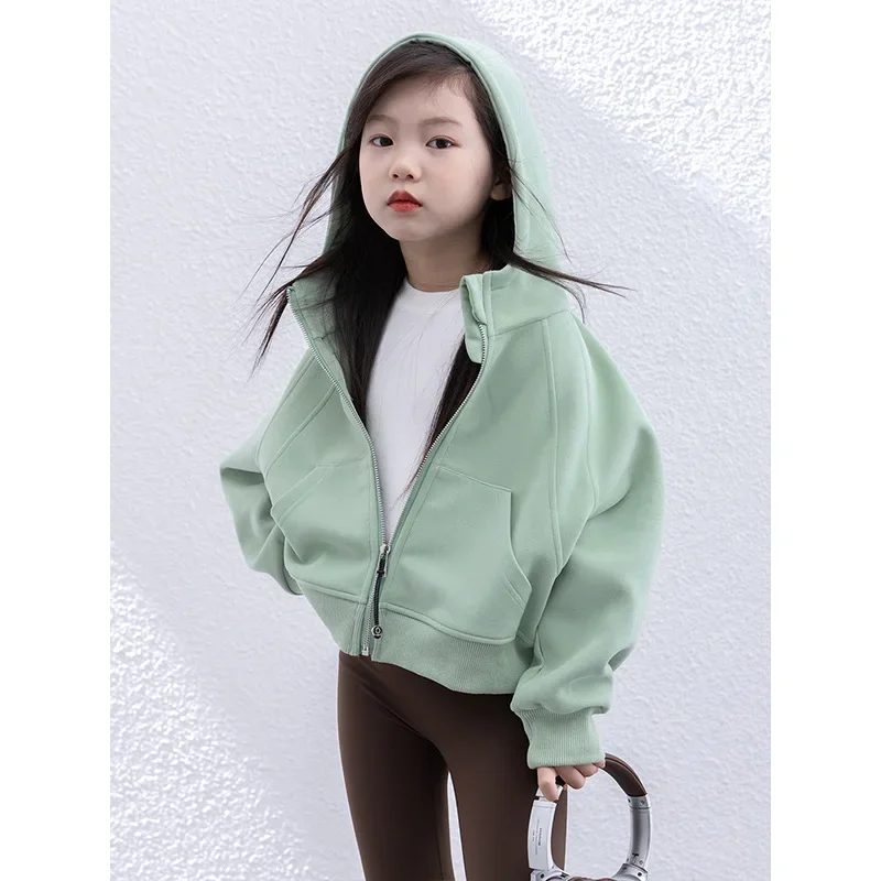 Girl Hooded Zipper Loose Coat Autumn New Children Clothing Short Cardigan Motion Sweater Causal Tops 2024 Simple