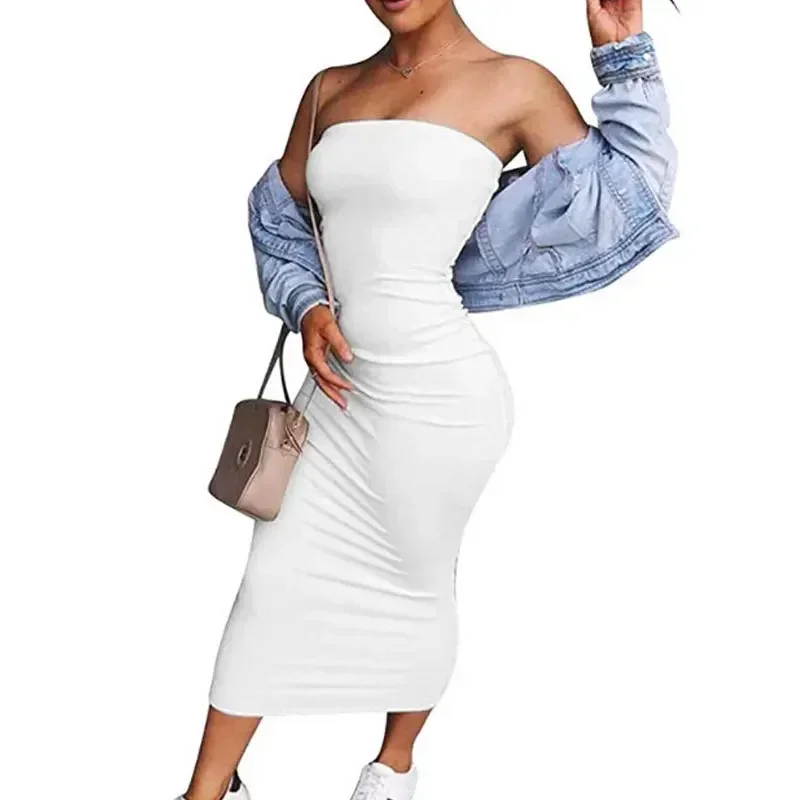 Bangniweigou Sexy Off Shoulder Tube Dress Yellow Women Summer Bodycon Sundress Strapless Stretchy Bandage Long Robe Femme