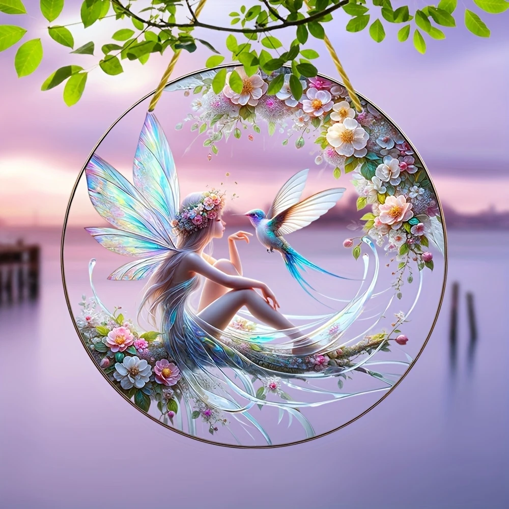 Round Fairy Angel 8in Acrylic Hanging Light Trap Garden Sign Farmhouse Bedroom Home Wall Door and Window Decoration Photo Prop