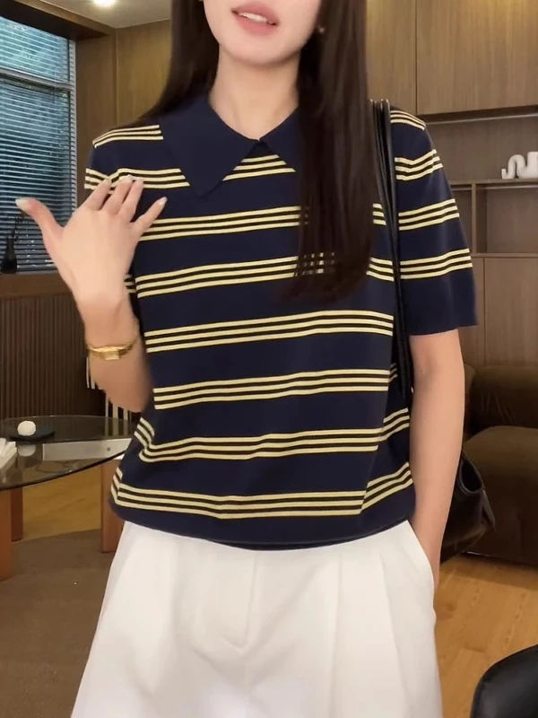 

Slimming Striped Ne ort Sve Knitted T-irt Women's plus Size Summer New Sle Korean Loose Fit Casual Top