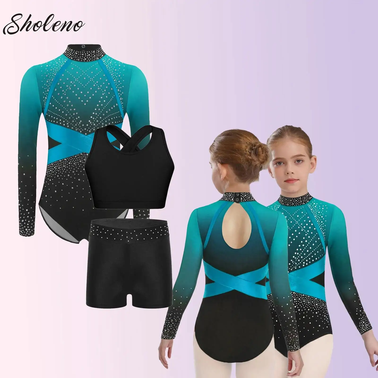 

Kids Girls Gymnastics Figure Skating Dance Performance Outfits Long Sleeve Shiny Rhinestone Color Block Leotard+Shorts+Vest