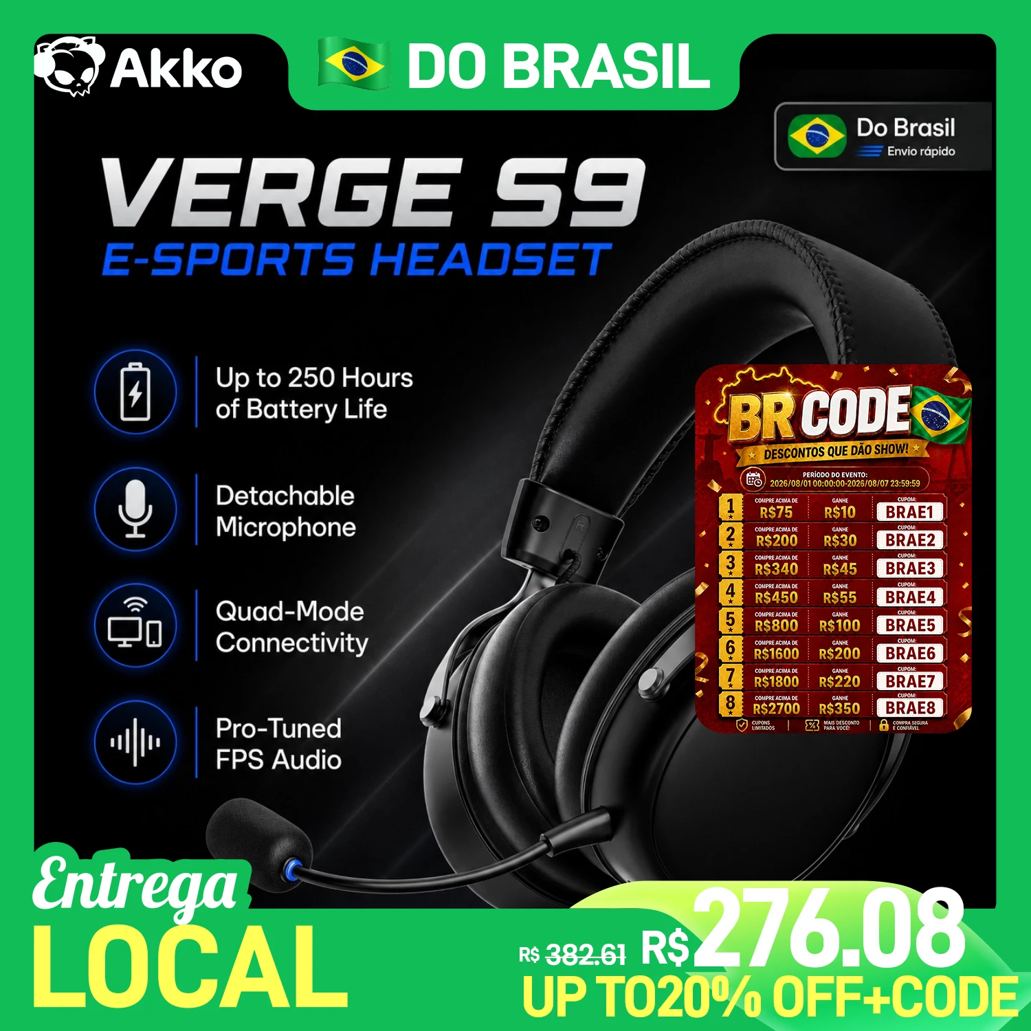 Headset AKKO VERGE S9 Ultra com Microfone, Som Surround Virtual 7.1, Modo Quádruplo, Acessórios para Jogos de PC e E-sports Fone de Ouvido