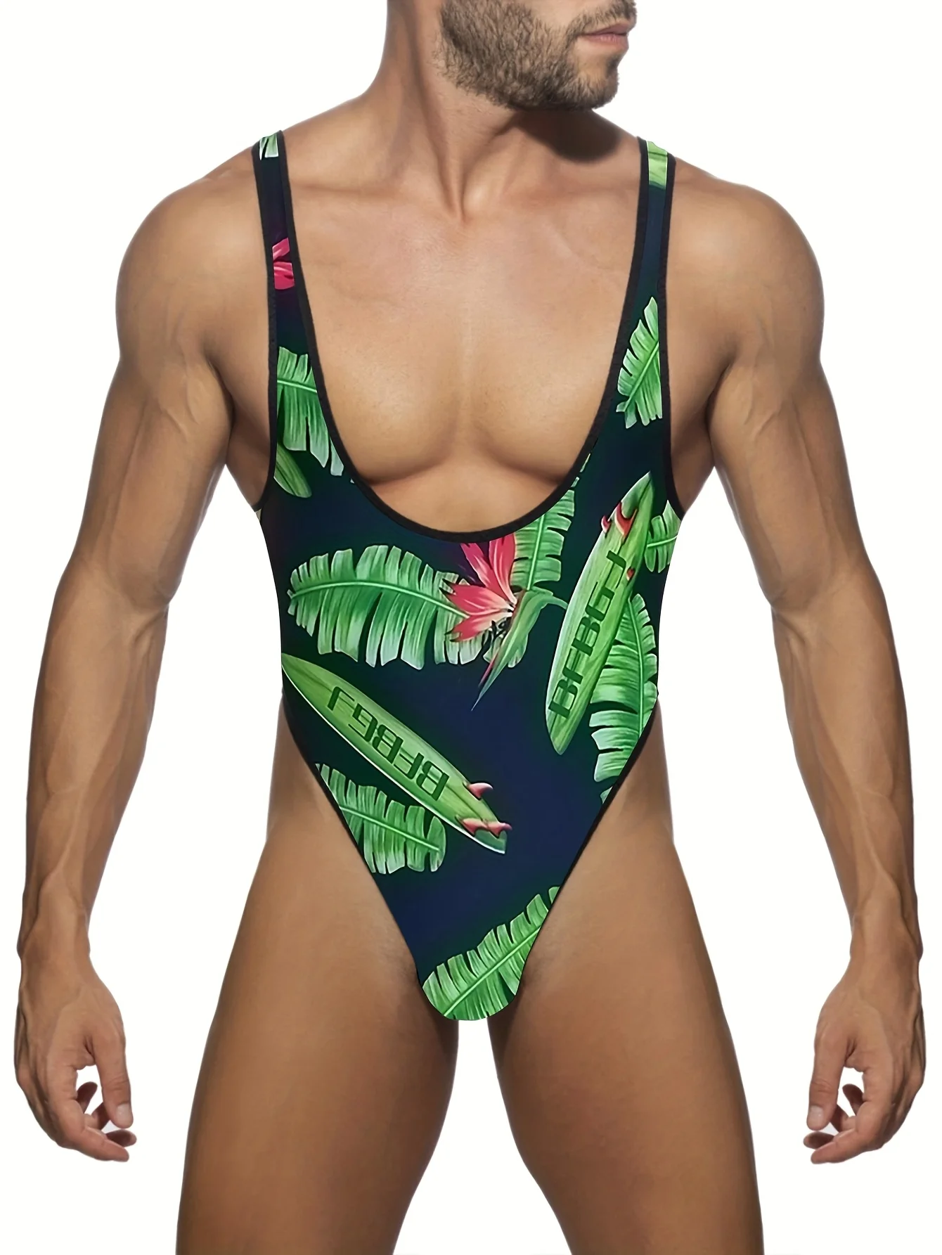 

Men's Tropical Leaf Print Sexy One-Piece Swimsuit Lingerie Shapewear Gay Man Thong Swimwear Beach Wear Surfing Bathing Suit