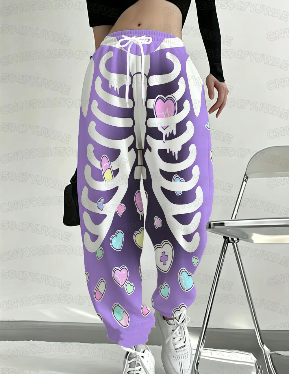 Spring and Autumn Women's Men's Skull Print Street Style Pastel Goth Hip Hop Yami Kawaii Y2K Kawaii Creepy Long Jogger Pants