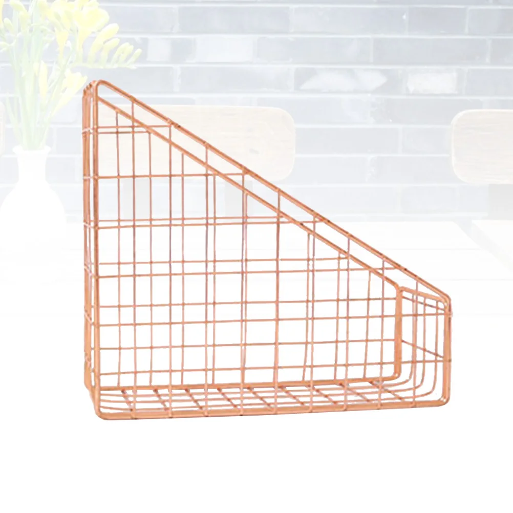 

Rose Golden Metal File Organizer Electroplated Desktop Storage Basket Magazine Book Holder for Office Home School