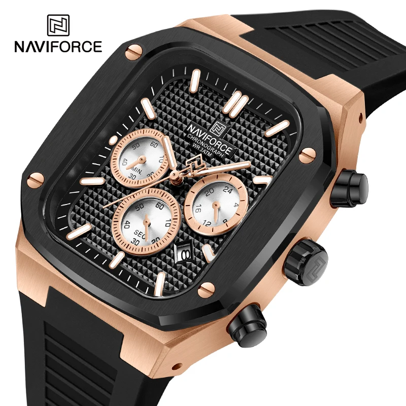 NAVIFORCE New Chronograph Watches for Men Square Dial Silicone Strap Waterproof Man Clock Quartz Calendar Luxury Male Wristwatch