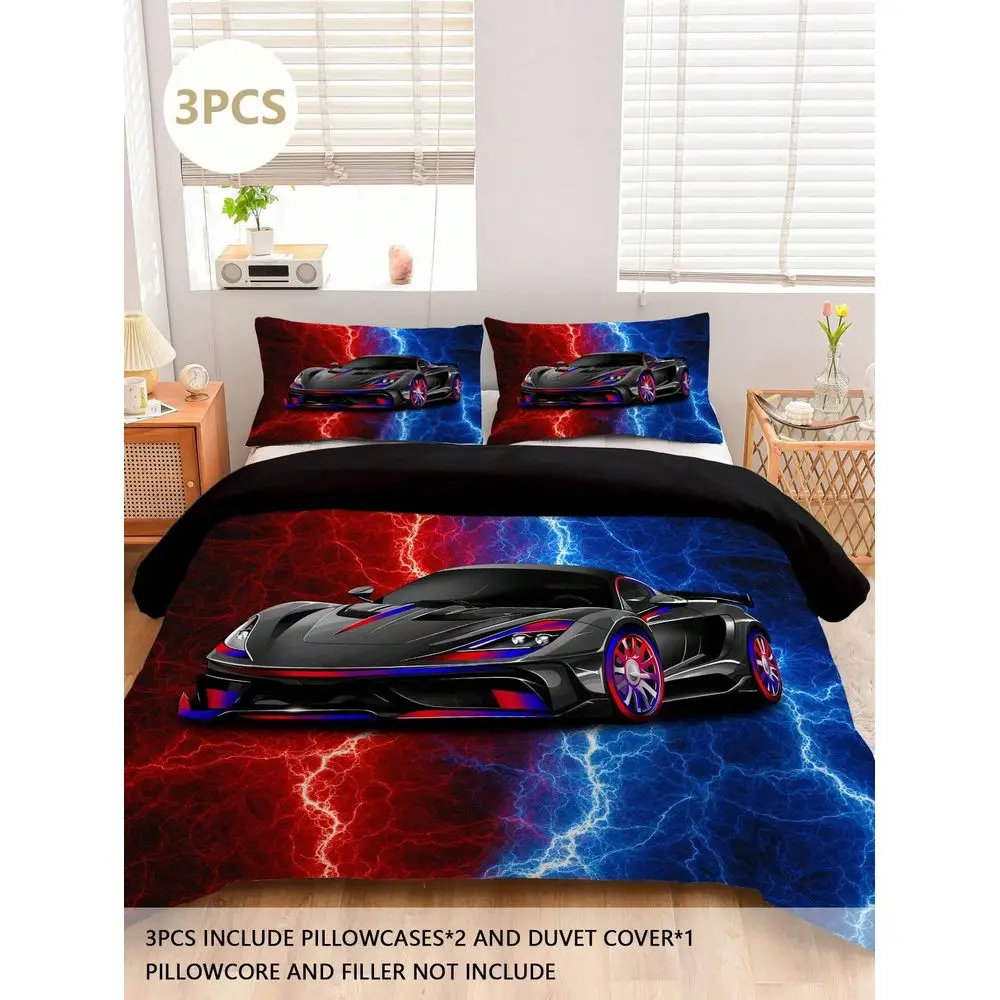 

Racing Car Design Bedding Set, Comfortable Bed Linen, 1 Duvet Cover 2 Pillowcases, Made Of SkinFriendly 100 Polyester Fiber Pol