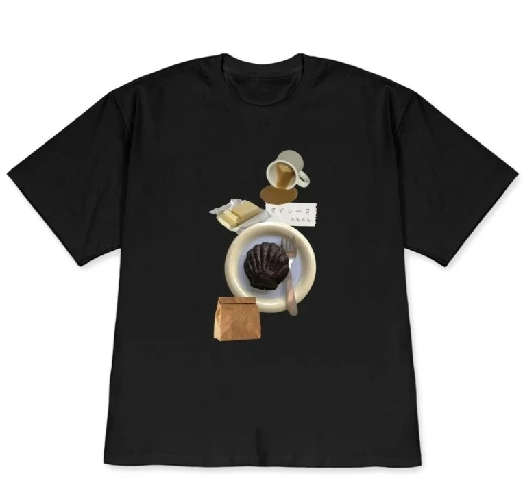 

Retro Food Print Short Sleeve T-shirt Black Casual Crew Neck Tee with Coffee Japanese Aesthetic Daily Wear Top for Women Men